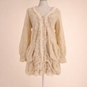 B chic Boho Cream Lace Trim Cardigan Sweater with Pockets size L